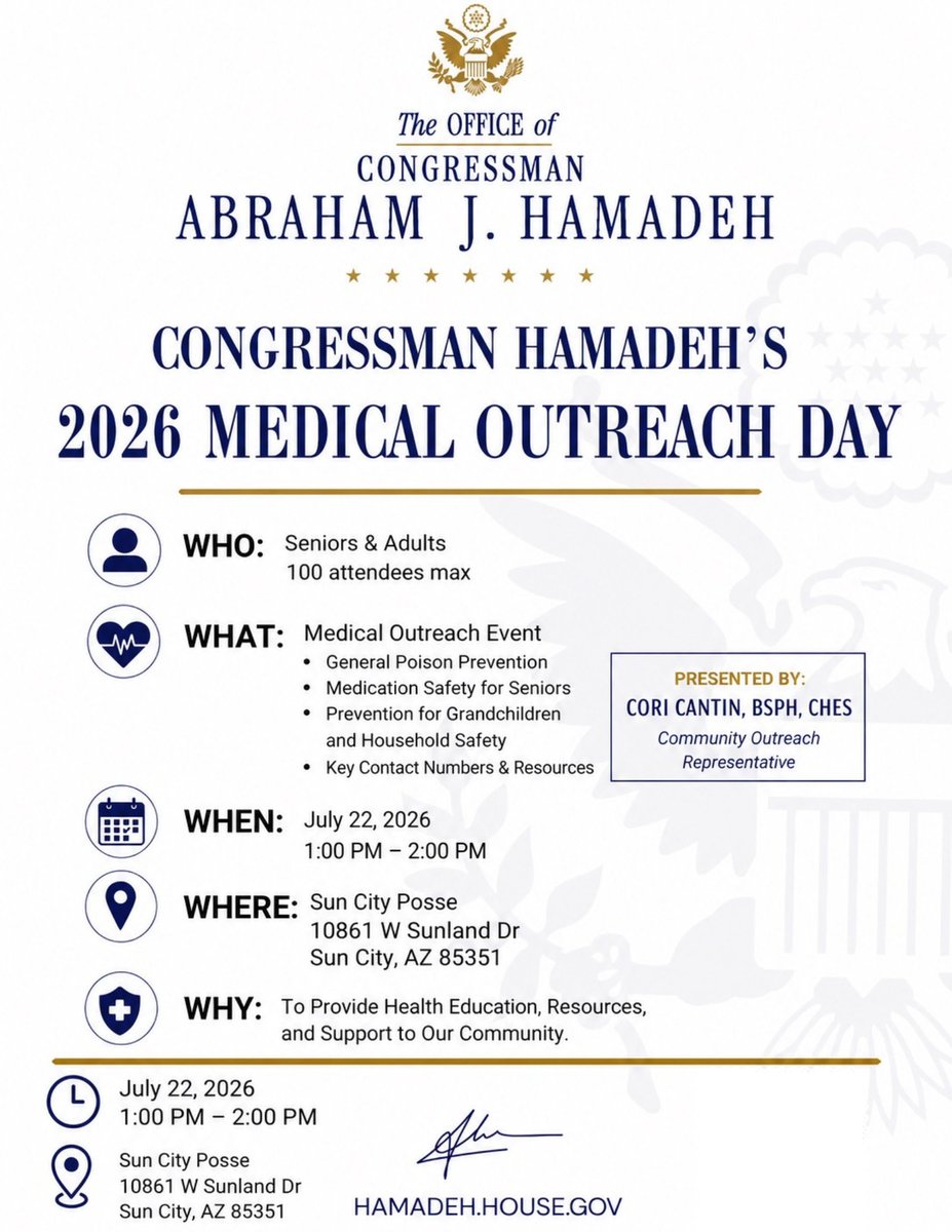 RepAbeHamadeh's tweet photo. 🇺🇸NEW🇺🇸

Join Congressman Hamadeh's office and Community Outreach Representative Cori Cantin, BSPH, CHES, for an important 2026 Medical Outreach Day!

Date: July 22, 2026
Time: 1:00 – 2:00 PM
Location: Sun City Posse, 10861 W Sunland Dr, Sun City, AZ 85351

Capacity is limited. Sign up here⤵️
https://t.co/HhsQcbgkdO