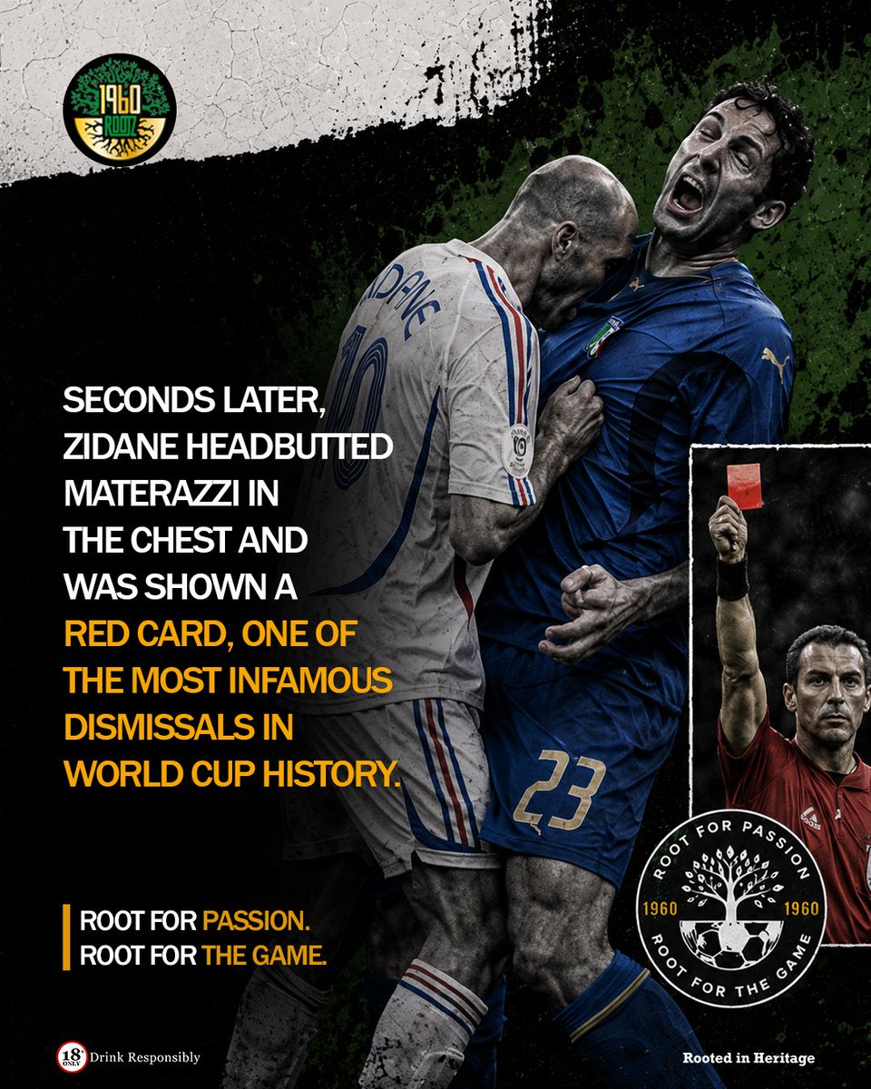 1960_Rootz's tweet photo. One headbutt led to Zidane eliminated from the 2006 #WorldCup but who was really at fault?

Was the headbutt enough payment for what Materazi said or should Zidane have exercised self control?

Let’s get to the root of it! Tell us what you think.

#1960Rootz #TheGameIsInOurRootz https://t.co/SELh62A6vp