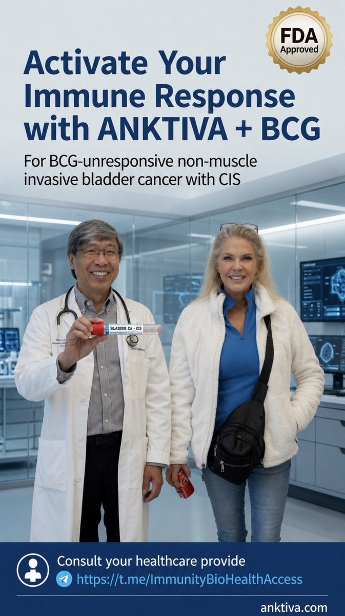 AnktivaAccess's tweet photo. ANKTIVA® + BCG helps activate natural killer (NK) cells and promote durable T-cell immune memory, advancing a targeted immunotherapy approach for eligible patients.#ANKTIVA #Immunotherapy #BladderCancer #NMIBC #CancerCare #ImmunityBio #Healthcare https://t.co/l49pWyrKPF
