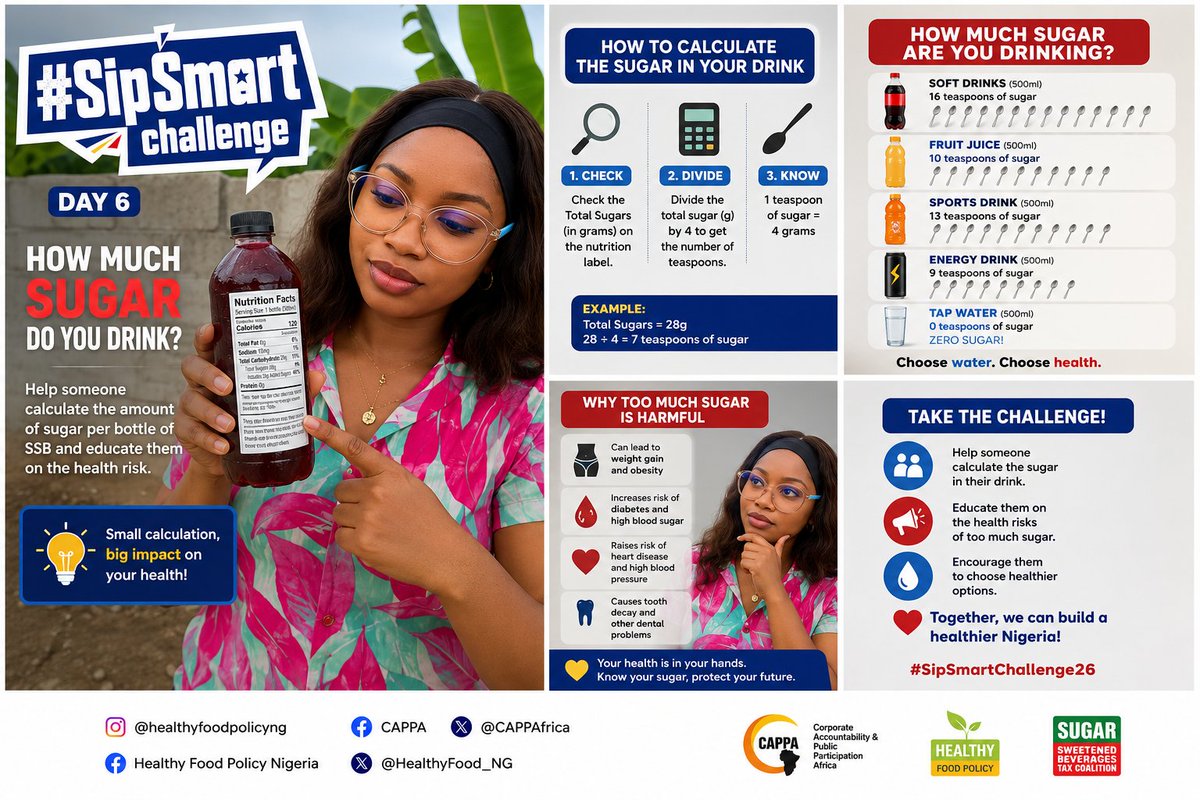 MeelubariG's tweet photo. Imagine drinking 10 teaspoons of sugar in one sitting.
Sounds like a lot, right?
That's why reading nutrition labels matters. Sometimes what we don't see is what affects us the most.
#SipSmartChallenge26 #SSBTaxSaves
@CAPPAfrica @HealthyFood_NG https://t.co/crkGo88JIa