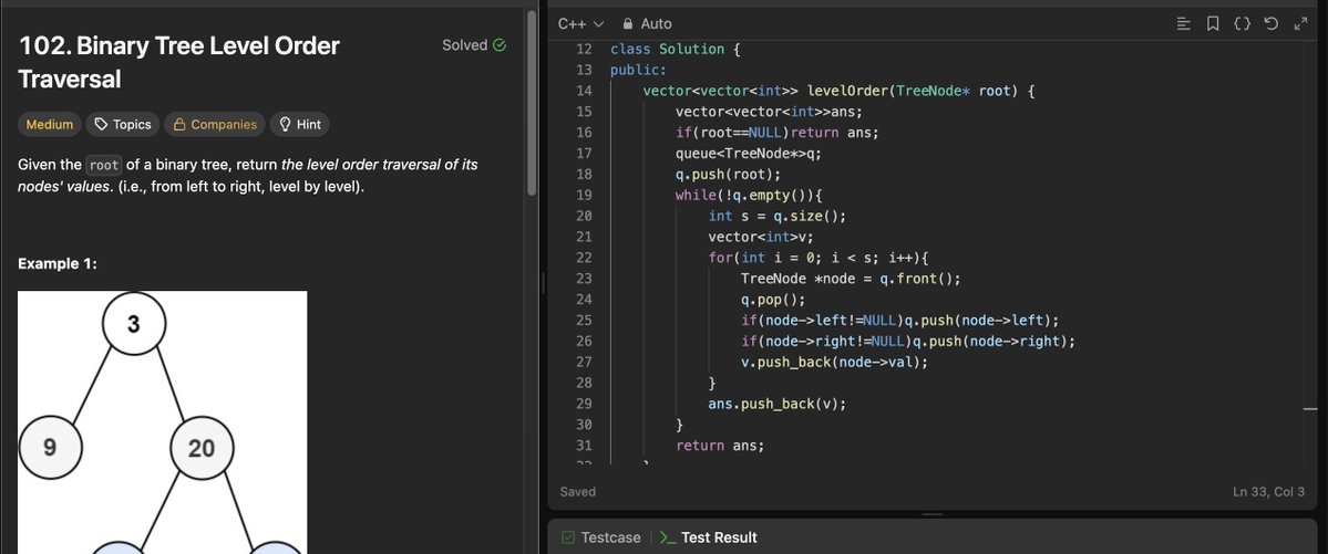 Vector_Nomad's tweet photo. Day 36/45 of my #SDESheetChallenge journey by @takeUforward_ 

Today I revised 4 important Binary Tree problems:

✅ Level Order Traversal — BFS + Queue
✅ Maximum Depth of Binary Tree — Recursion
✅ Diameter of Binary Tree — Height + DFS
✅ Balanced Binary Tree — Recursion + Height

Key points:
• BFS → when processing trees level by level
• Recursion → when solving the same problem for left and right subtrees
• Height → a building block for many tree problems

Slowly getting closer to 45 day mark.

 #DSA #LeetCode #CPP #BinaryTree #Coding