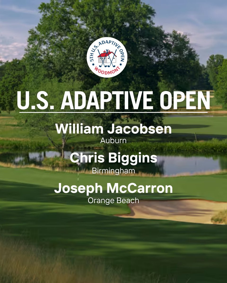 bamagolf's tweet photo. 3️⃣ Alabamians will be representing our great state at the 5th U.S. Adaptive Open this week!
Follow William Jacobsen of Auburn, Chris Biggins of Birmingham, and Joseph McCarron of Orange Beach as they tee it up at Woodmont Country Club! ⛳️
#AdaptiveOpen #AGA #AdaptiveGolf https://t.co/T86dkJB0Vu