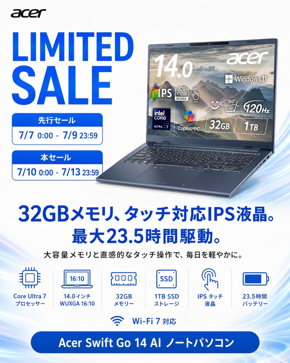 32GBメモリでストレスフリー Swift Go 14 AI (SFG14-75T-H73Z) タッチ