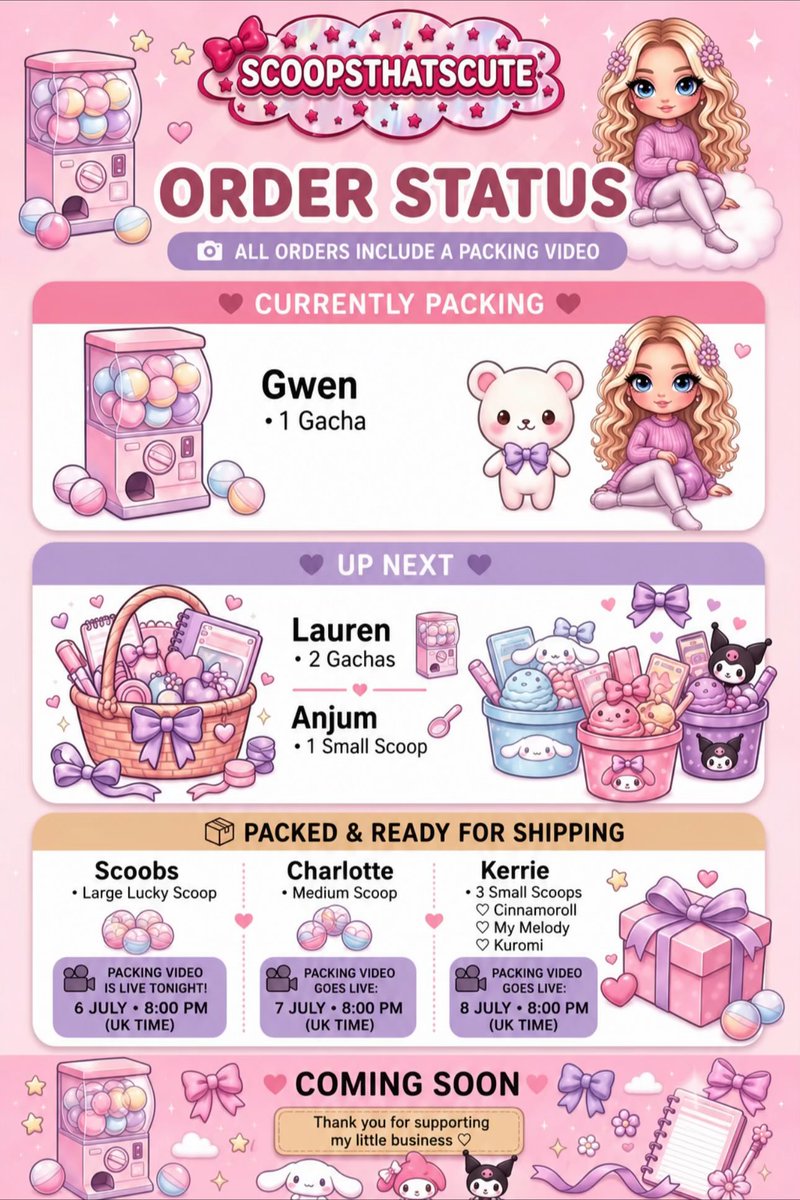 SCOOPSTHATSCUTE's tweet photo. ✨ Order Update! ✨

🩷 Currently packing: Gwen
💜 Up next: Lauren &amp; Anjum

Thank you all for supporting my little business. I can’t wait to share more packing videos this week! 🥹💖

#SmallBusiness #Kawaii #PackingOrders #Scoopsthatscute #ShopSmall https://t.co/IgIa5Spdh5