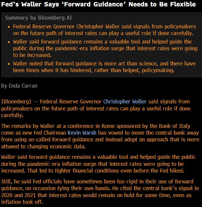 KevRGordon's tweet photo. Fed's Waller says he thinks forward guidance can be a valuable tool but also that it is more art than science https://t.co/fZ1pvlId0W