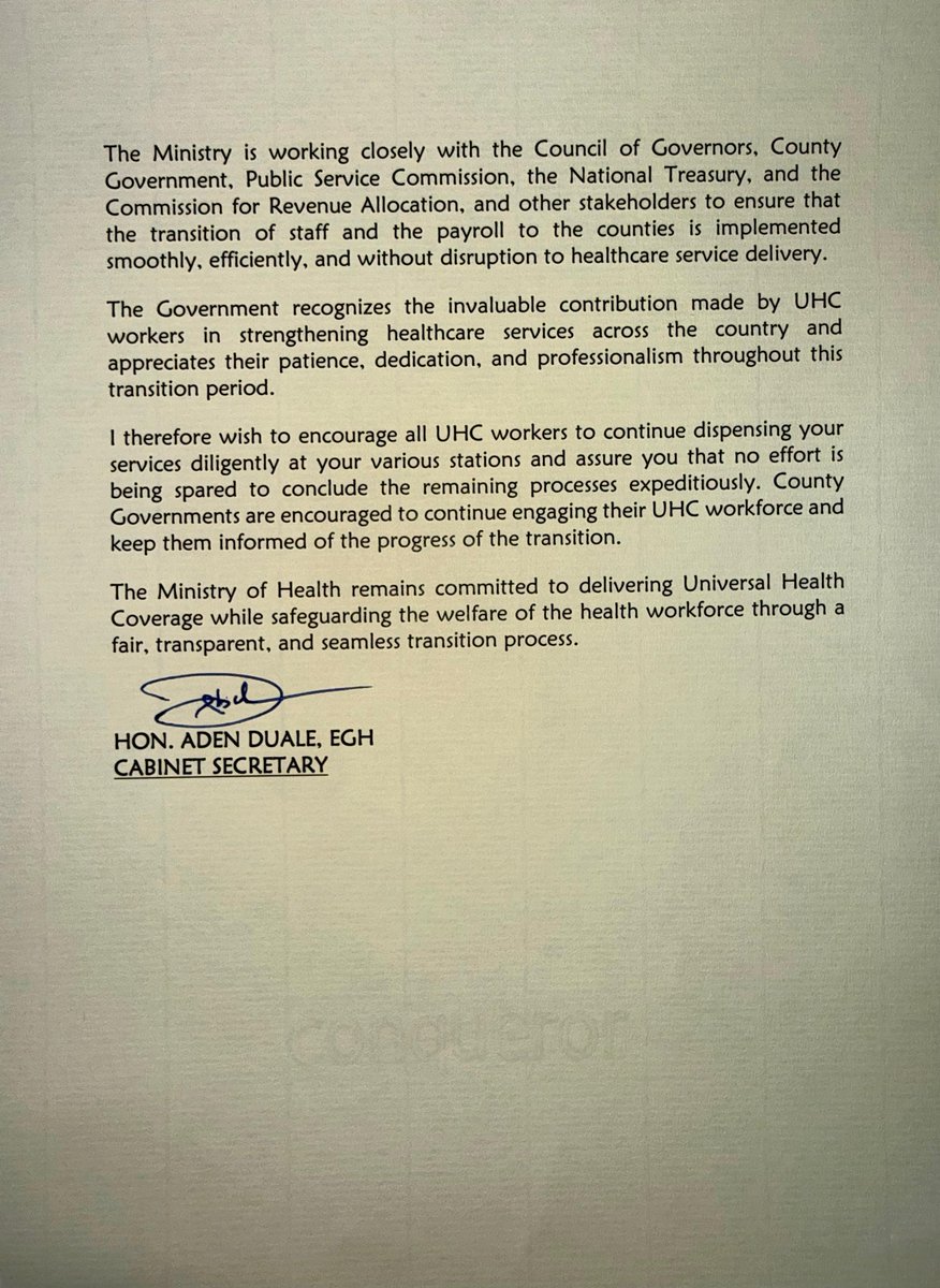 Truepastoralist's tweet photo. ABSORPTION OF UNIVERSAL HEALTH COVERAGE (UHC) STAFF.

The Government reaffirms its unwavering commitment to the seamless absorption of all Universal Health Coverage (UHC) workers into County Government payrolls on permanent and pensionable terms, effective 1st July 2026.

This transition reflects the Government's commitment to strengthening Kenya's healthcare workforce while ensuring job security, stability, and uninterrupted service delivery across all counties.

The extension of UHC workers' contracts up to 30th June 2026 by the Public Service Commission ensured continuity of service as the necessary administrative and financial arrangements were being finalized.

The Government remains fully committed to working closely with County Governments and all health sector stakeholders to ensure a smooth, transparent, and successful transition for every UHC worker.

#pastoralistchildspeaks