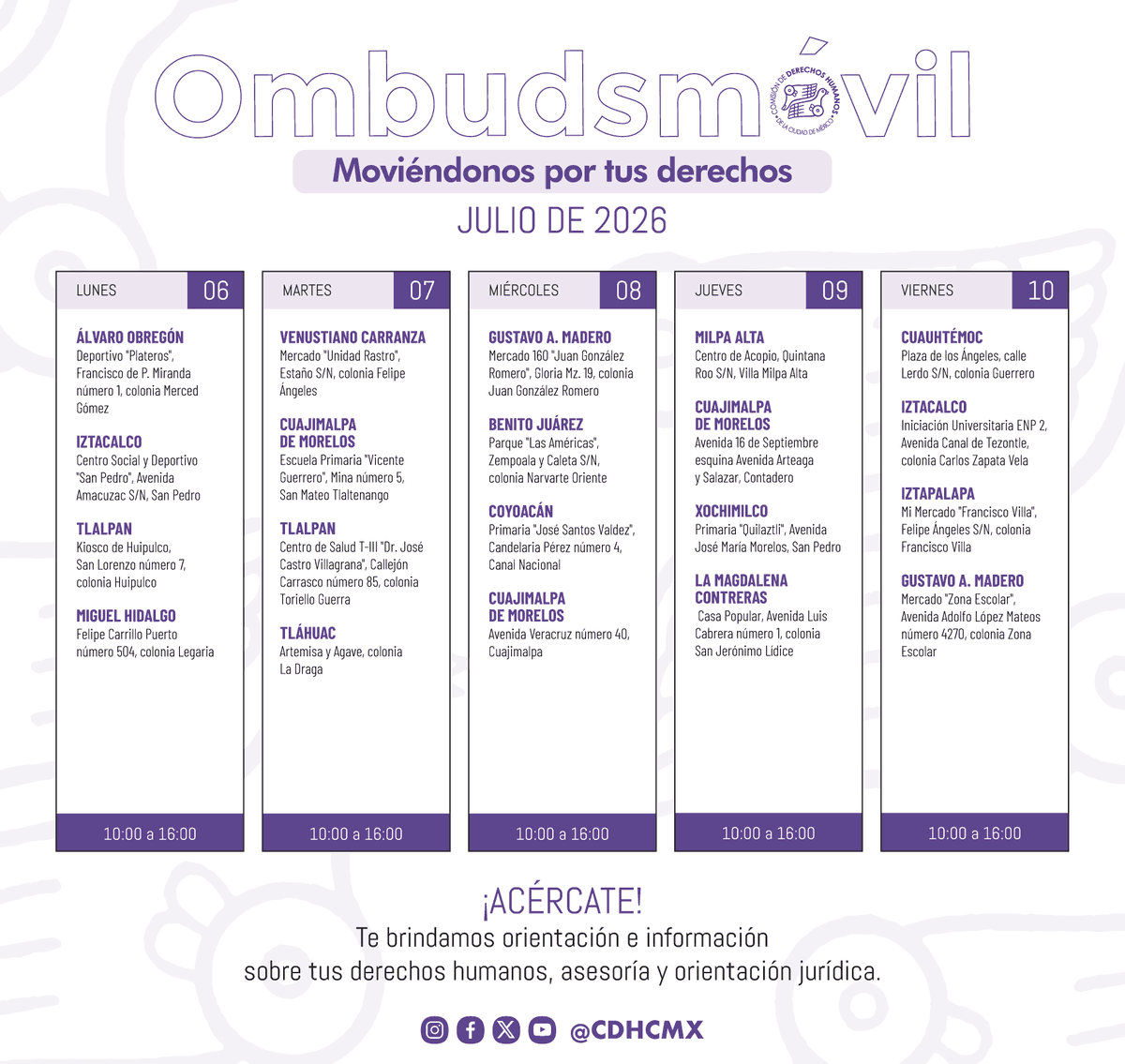CDHCMX's tweet photo. Las unidades #Ombudsmóvil recorren las Alcaldías de la #CDMX para brindarte nuestros servicios.

👉 La #CDHCM impulsa el trabajo territorial en favor de los derechos humanos #DDHH. ¡Acércate!

📌 Conoce su ubicación y horarios: https://t.co/dKAb4RyjkE https://t.co/NjZAJ7tgLj