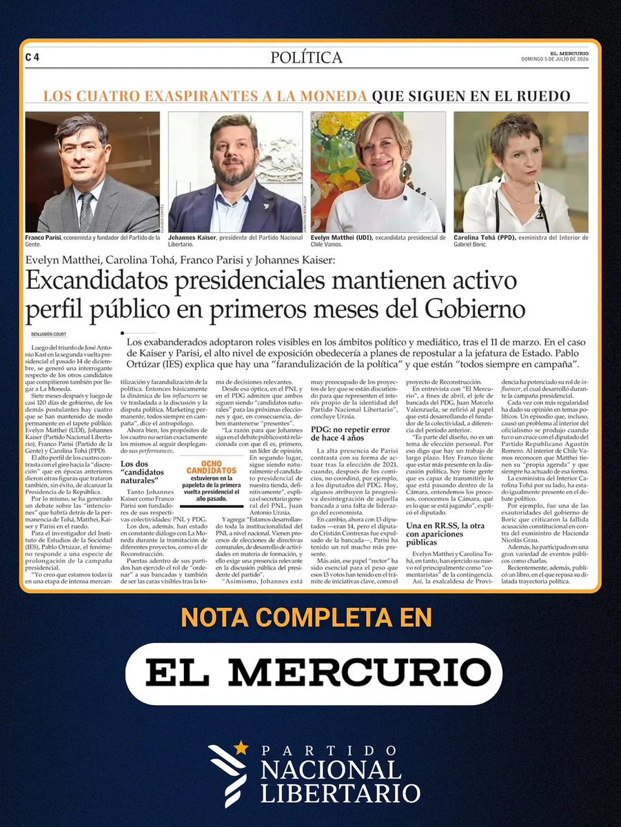Partido_NL's tweet photo. Juan Antonio Urzúa: "Johannes Kaiser sigue siendo nuestra alternativa presidencial para 2030"

Nuestro secretario general del Partido Nacional Libertario, @urzuajuanantonio , se refirió a la presencia pública de @joukaiser , destacando que continúa siendo el líder natural de nuestro proyecto y la alternativa presidencial del partido para 2030. Además, explicó que su participación activa responde al proceso de fortalecimiento institucional del PNL a nivel nacional, con el desarrollo de directivas comunales, actividades de formación y el seguimiento de proyectos de ley que reflejen la identidad y los principios de nuestra colectividad.

#JohannesKaiser #PartidoNacionalLibertario #PNL #Chile #Política