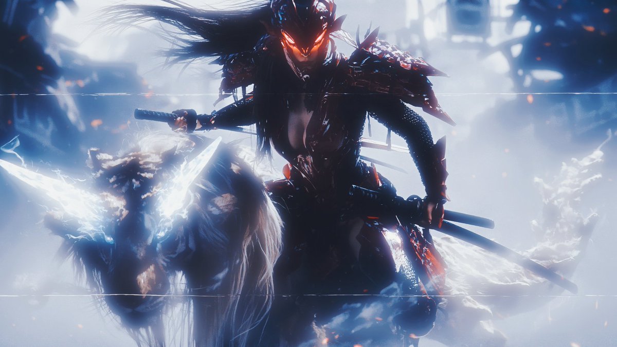 JWPR_ai's tweet photo. candid war-photography film still shot through a pane of glass with faint horizontal seam lines, medium-wide low angle, an armored woman in glossy crimson lacquered samurai armor with black chainmail sleeves and full-face crimson helmet with glowing red visor, long dark hair spilling from the helmet streaming horizontally, katana drawn in battle stance, mounted astride a colossal otherworldly beast — tiger-faced war steed with elongated sinuous lizard-like body draped in long silky white fur, whole body emanating soft white glow, luminous fluorescent horns, eyes burning with blue flame, faint smoke wisps trailing off its coat — burning 1940s Tokyo street behind, collapsed storefronts, drifting embers, overcast white daylight matching subject lighting, hazy background blur, shot on ARRI ALEXA 35, 35mm prime f/2.8, unpolished documentary realism, imperfect natural texture, serene otherworldly stillness, steel-blue monochrome CCD grade with rose ember accents in milky highlights, Fuji vintage scan, emulsion-level grain --ar 16:9 --style raw --preview --no illustration, anime, CGI, 3d render, plastic skin, horse anatomy