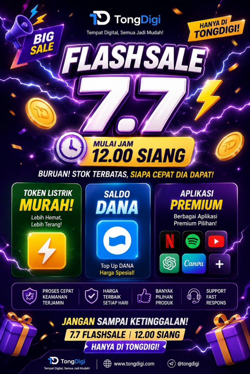 Stardustpscm's tweet photo. 7.7 FLASH SALE TONGDIGI GILA-GILAAN CUY! 

Jam 12.00 SIANG INI langsung gaspol eak

Token Listrik murah banget sampe hemat 
Saldo DANA auto top up murah
Netflix, Spotify, YT Premium, Canva dll gas!

Beli disini https://t.co/0TYbNlJQNq 

#zonauangㅤ https://t.co/qdI8vRVTtW