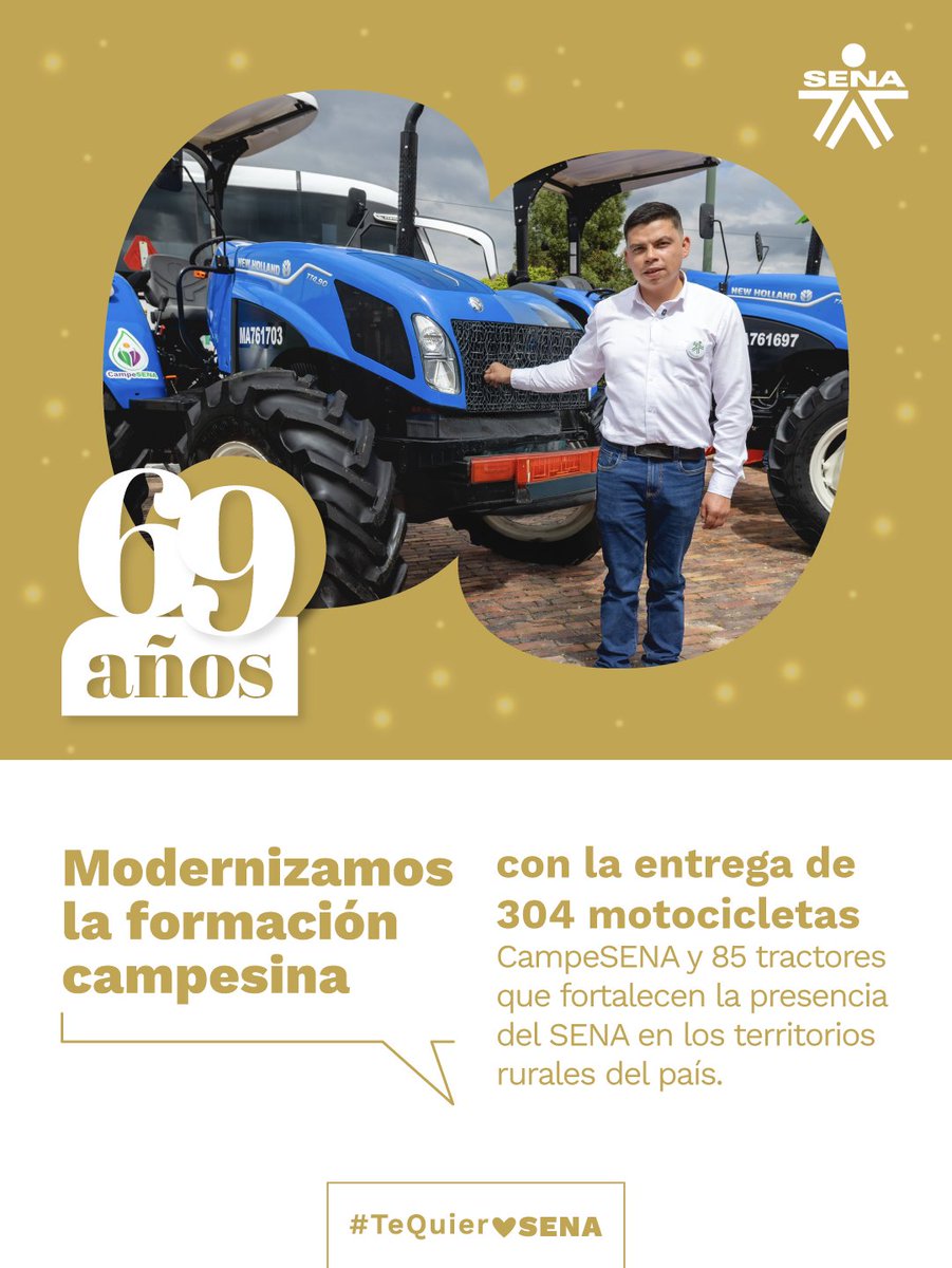 SENAComunica's tweet photo. Cada tractor es una oportunidad. Cada motocicleta, un camino que acerca la formación a las comunidades. 🌾

Porque transformar el campo también significa brindar mejores herramientas para aprender, crecer y construir un país con más oportunidades para todos.

El SENA celebra 69 años llegando a los territorios y fortaleciendo la formación campesina con hechos que dejan huella. 💚

Comparte tu orgullo por el SENA y únete a la conversación con #TeQuieroSENA.