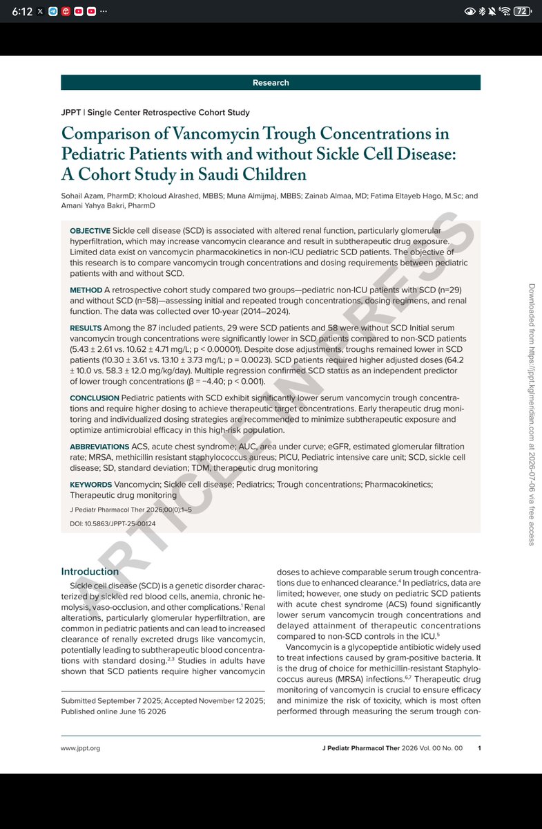 SohailAzam7's tweet photo. 📢 New publication in JPPT! Our study reveals that children with Sickle Cell Disease have significantly lower vancomycin trough as compared to peers.
https://t.co/eRmHnGW3x9

@PediatRxAssn
@SIDPharm
@fatimahago15
@OfficialJPPT

#Pediatrics #SickleCellDisease #Vancomycin https://t.co/gpPYUsipzy