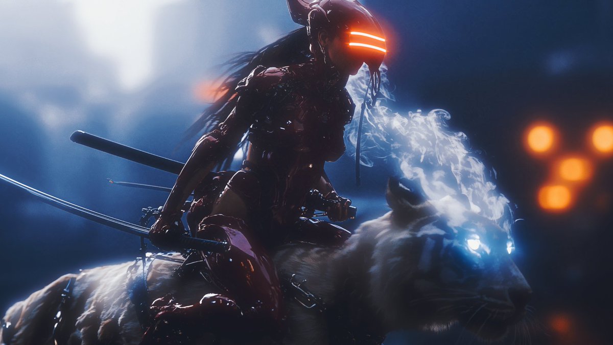 JWPR_ai's tweet photo. candid war-photography film still shot through a pane of glass with faint horizontal seam lines, medium-wide low angle, an armored woman in glossy crimson lacquered samurai armor with black chainmail sleeves and full-face crimson helmet with glowing red visor, long dark hair spilling from the helmet streaming horizontally, katana drawn in battle stance, mounted astride a colossal otherworldly beast — tiger-faced war steed with elongated sinuous lizard-like body draped in long silky white fur, whole body emanating soft white glow, luminous fluorescent horns, eyes burning with blue flame, faint smoke wisps trailing off its coat — burning 1940s Tokyo street behind, collapsed storefronts, drifting embers, overcast white daylight matching subject lighting, hazy background blur, shot on ARRI ALEXA 35, 35mm prime f/2.8, unpolished documentary realism, imperfect natural texture, serene otherworldly stillness, steel-blue monochrome CCD grade with rose ember accents in milky highlights, Fuji vintage scan, emulsion-level grain --ar 16:9 --style raw --preview --no illustration, anime, CGI, 3d render, plastic skin, horse anatomy