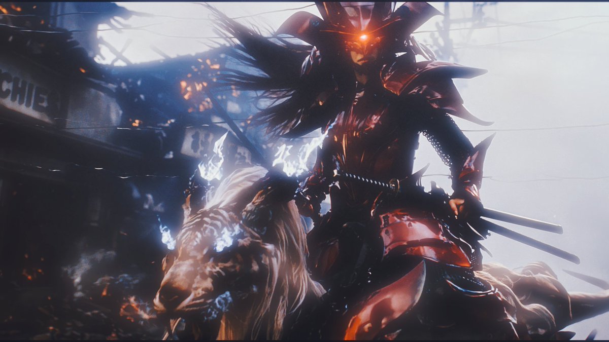 JWPR_ai's tweet photo. candid war-photography film still shot through a pane of glass with faint horizontal seam lines, medium-wide low angle, an armored woman in glossy crimson lacquered samurai armor with black chainmail sleeves and full-face crimson helmet with glowing red visor, long dark hair spilling from the helmet streaming horizontally, katana drawn in battle stance, mounted astride a colossal otherworldly beast — tiger-faced war steed with elongated sinuous lizard-like body draped in long silky white fur, whole body emanating soft white glow, luminous fluorescent horns, eyes burning with blue flame, faint smoke wisps trailing off its coat — burning 1940s Tokyo street behind, collapsed storefronts, drifting embers, overcast white daylight matching subject lighting, hazy background blur, shot on ARRI ALEXA 35, 35mm prime f/2.8, unpolished documentary realism, imperfect natural texture, serene otherworldly stillness, steel-blue monochrome CCD grade with rose ember accents in milky highlights, Fuji vintage scan, emulsion-level grain --ar 16:9 --style raw --preview --no illustration, anime, CGI, 3d render, plastic skin, horse anatomy