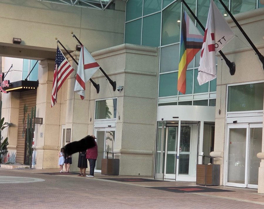 Jeeplifevip's tweet photo. @libsoftiktok @Marriott As a Titanium Elite Member of Marriott. This is disgusting clean up your act.

Hi @Marriott Why do you have the child mutiIation flag hanging at the front of your hotels? @libsoftiktok https://t.co/OfLi2nEE7Z