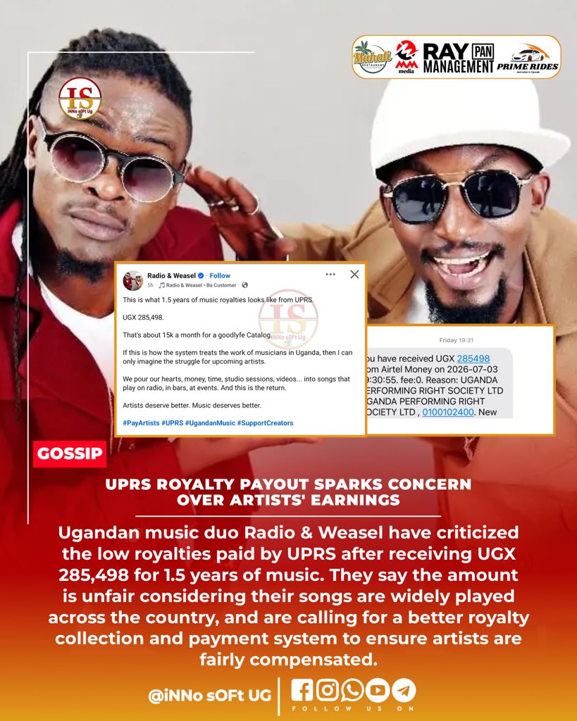 innosoftug's tweet photo. Weasel Manizo has criticized Uganda’s royalty system after receiving just UGX 285,498 from UPRS for 1.5 years of Goodlyfe music royalties, calling for fairer pay and greater transparency for artists.
#UPRS #PayArtists #SupportCreators https://t.co/YMo7gs4Dbp