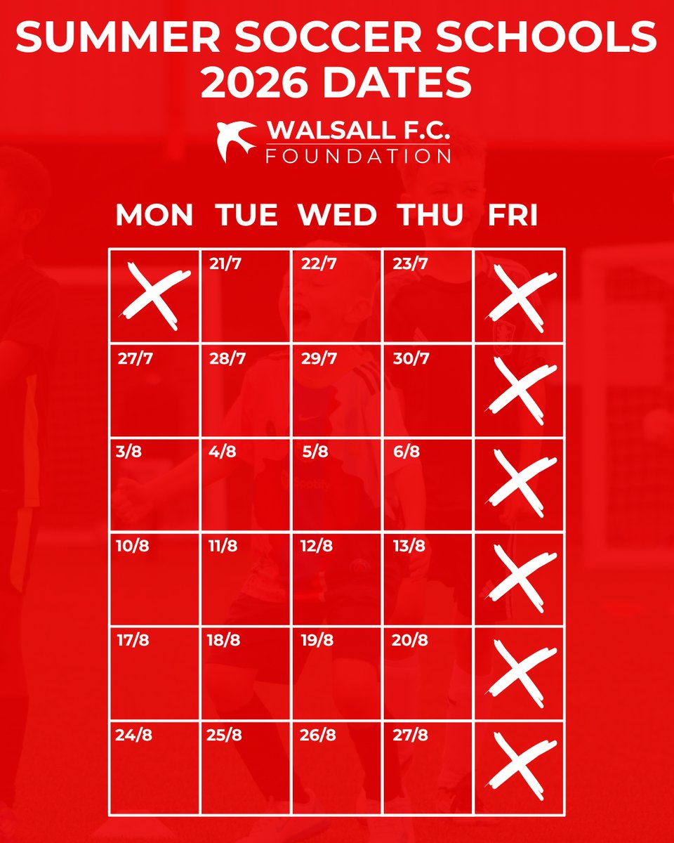 WFCFoundation_'s tweet photo. ☀ The Summer Holidays are almost here!

Which means Soccer Schools are returning to the Pallet-Track Bescot Stadium - don't miss out on footballing fun with Walsall FC Foundation.

📧 Book now: info@walsallfcfoundation.co.uk

#WalsallFCFoundation | #WalsallFC https://t.co/F7pDGpW8dJ