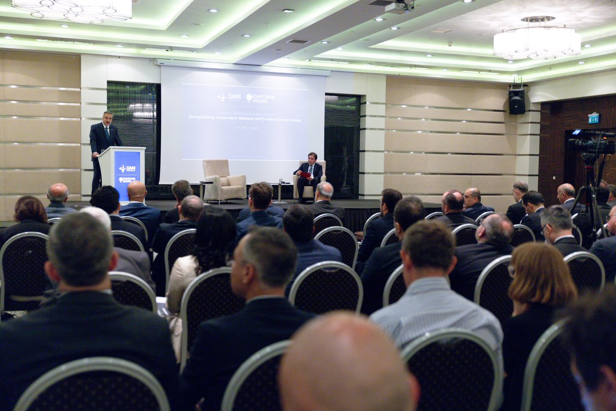 MFATurkiye's tweet photo. Minister of Foreign Affairs @HakanFidan delivered keynote remarks at the event titled “European Security post-Ankara Summit: Strengthening Cooperation Between NATO Allies Across Europe” organised by the Center for Strategic Research of Ministry of Foreign Affairs of Türkiye in partnership with Chatham House, in Ankara.