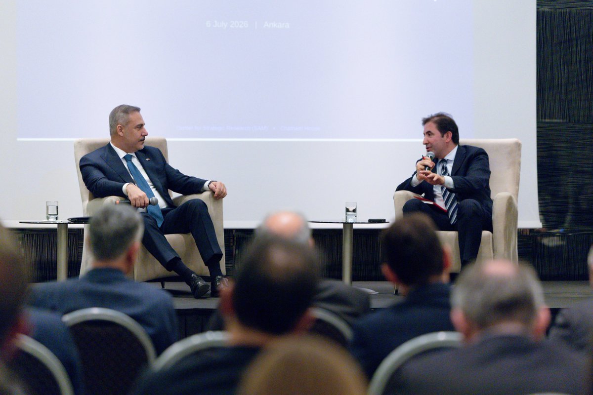 MFATurkiye's tweet photo. Minister of Foreign Affairs @HakanFidan delivered keynote remarks at the event titled “European Security post-Ankara Summit: Strengthening Cooperation Between NATO Allies Across Europe” organised by the Center for Strategic Research of Ministry of Foreign Affairs of Türkiye in partnership with Chatham House, in Ankara.
