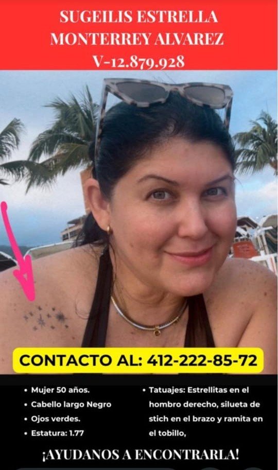 ElNacionalWeb's tweet photo. #ServicioPúblico | Gonzalo Monterrey solicita ayuda para localizar a su hermana, Sugeilis Estrella Monterrey, desaparecida desde el doble terremoto ocurrido el pasado 24 de junio.

Se presume que logró salir del edificio donde se encontraba, pero hasta el momento no figura en los registros de personas refugiadas ni entre los sobrevivientes identificados. Cualquier información sobre su paradero puede ser comunicada al 0412-4228572.