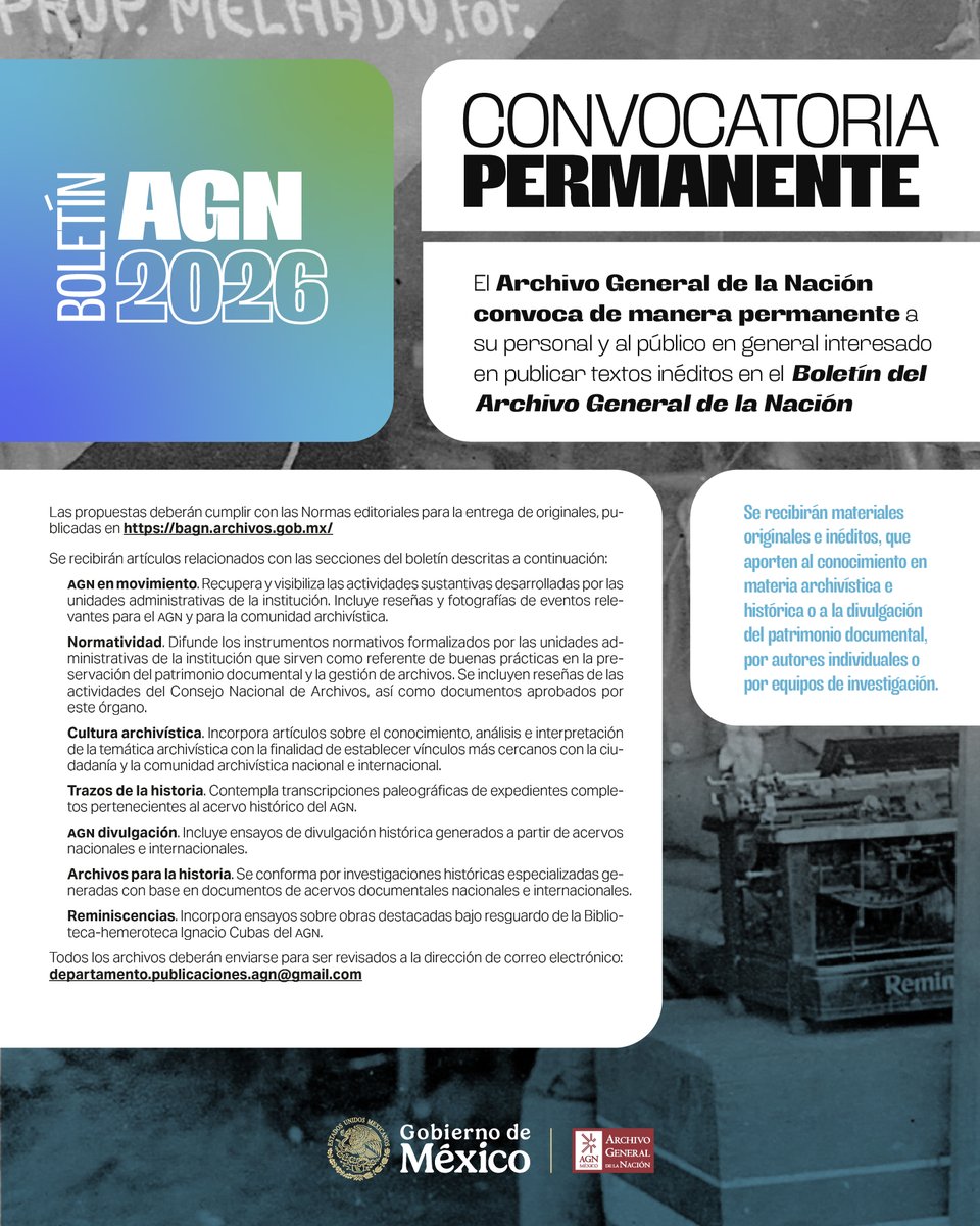 AGNMex's tweet photo. CONVOCATORIA PERMANENTE

Te invitamos a enviar artículos sobre archivística e historia para difundir el patrimonio documental y la archivística nacional e internacional.

¡Nos leemos pronto!

#Convocatoria #Boletín del #AGNMex https://t.co/isyT5pAm8R