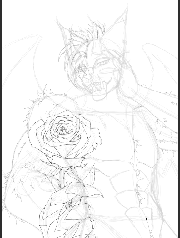 Jabagrigio's tweet photo. "A rose for you, even if my fangs are all you'll get in return." 🌹🖤

 Slow progress, but the details are starting to speak for themselves.

#WIP #FurryArt https://t.co/nN03JoVbSd