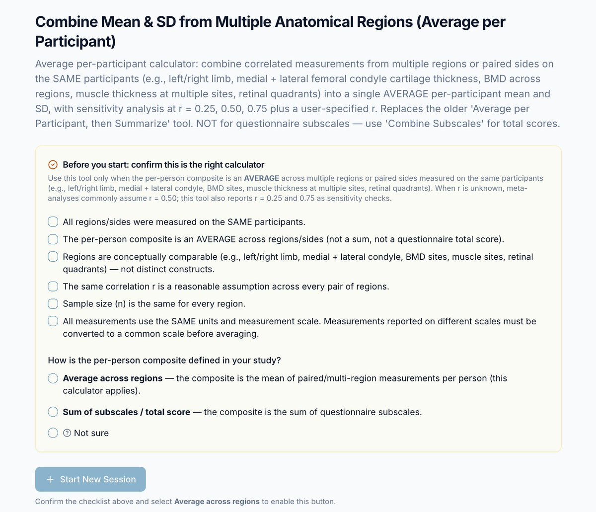 MAAccelerator's tweet photo. New calculator for #metaanalysis: properly combine correlated measurements from multiple anatomical regions on the SAME participants (left/right limb, cartilage thickness, across regions). Accounts for within-person correlation with sensitivity analysis

https://t.co/u9DBsIuT0C https://t.co/dkZXgPPSto