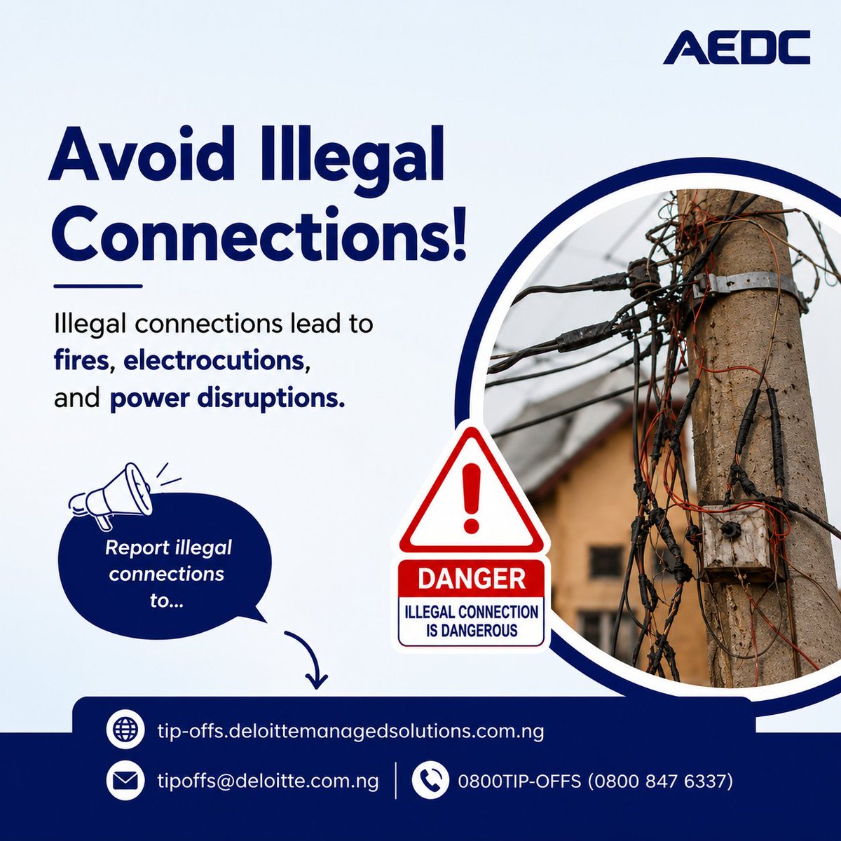 aedcelectricity's tweet photo. See Something.
Say Something.
Do Something.
#NoToIllegalConnection
#NoToElectricityTheft
#PowerofCommitment https://t.co/HILT9aLpIr