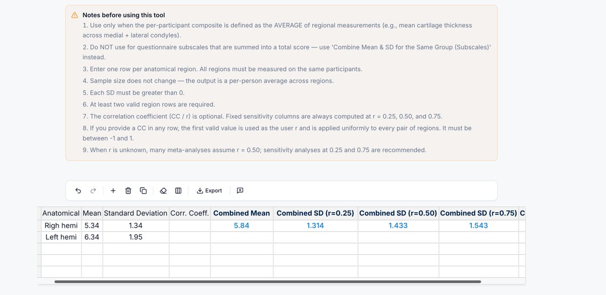 MAAccelerator's tweet photo. New calculator for #metaanalysis: properly combine correlated measurements from multiple anatomical regions on the SAME participants (left/right limb, cartilage thickness, across regions). Accounts for within-person correlation with sensitivity analysis

https://t.co/u9DBsIuT0C https://t.co/dkZXgPPSto