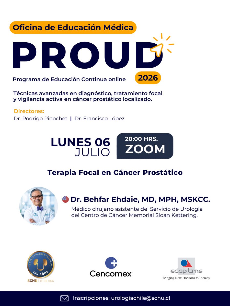 Urolchi's tweet photo. Hoy es la última sesión del 1er ciclo de PROUD 2026: “Terapia Focal en Cáncer Prostático”
Speaker: Dr. Behfar Ehdaie, MD, MPH, MSKCC 🇺🇸
🕖20 horas
💻 Vía Zoom
Inscripciones: urologiachile@schu.cl 
#SCHU #educacionmedicacontinua #cancerprostatico https://t.co/GM8TkUMmwb