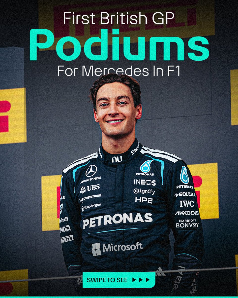 MercedesAMGF1's tweet photo. George joining an illustrious list 🤩

Our seventh driver to stand on the British GP podium 🏆 https://t.co/h4IgxiZ6U6