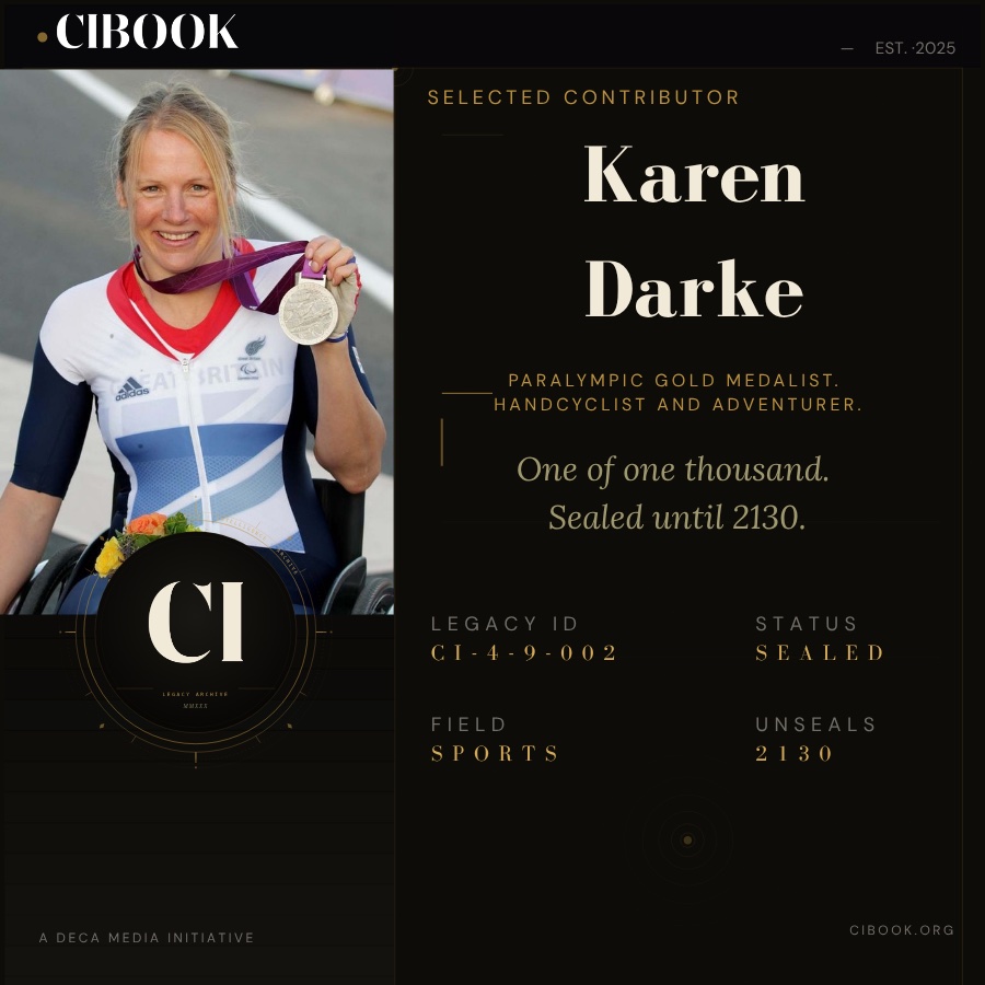 cibookofficial's tweet photo. Karen Darke has contributed to CIBOOK. A Paralympic gold medallist who sit-skied into Antarctica to create the Pole of Possibility, her sealed contribution remains inaccessible until 2130. #CIBOOK #CIBOOK2030 #Paralympics https://t.co/T72YiIh4pm