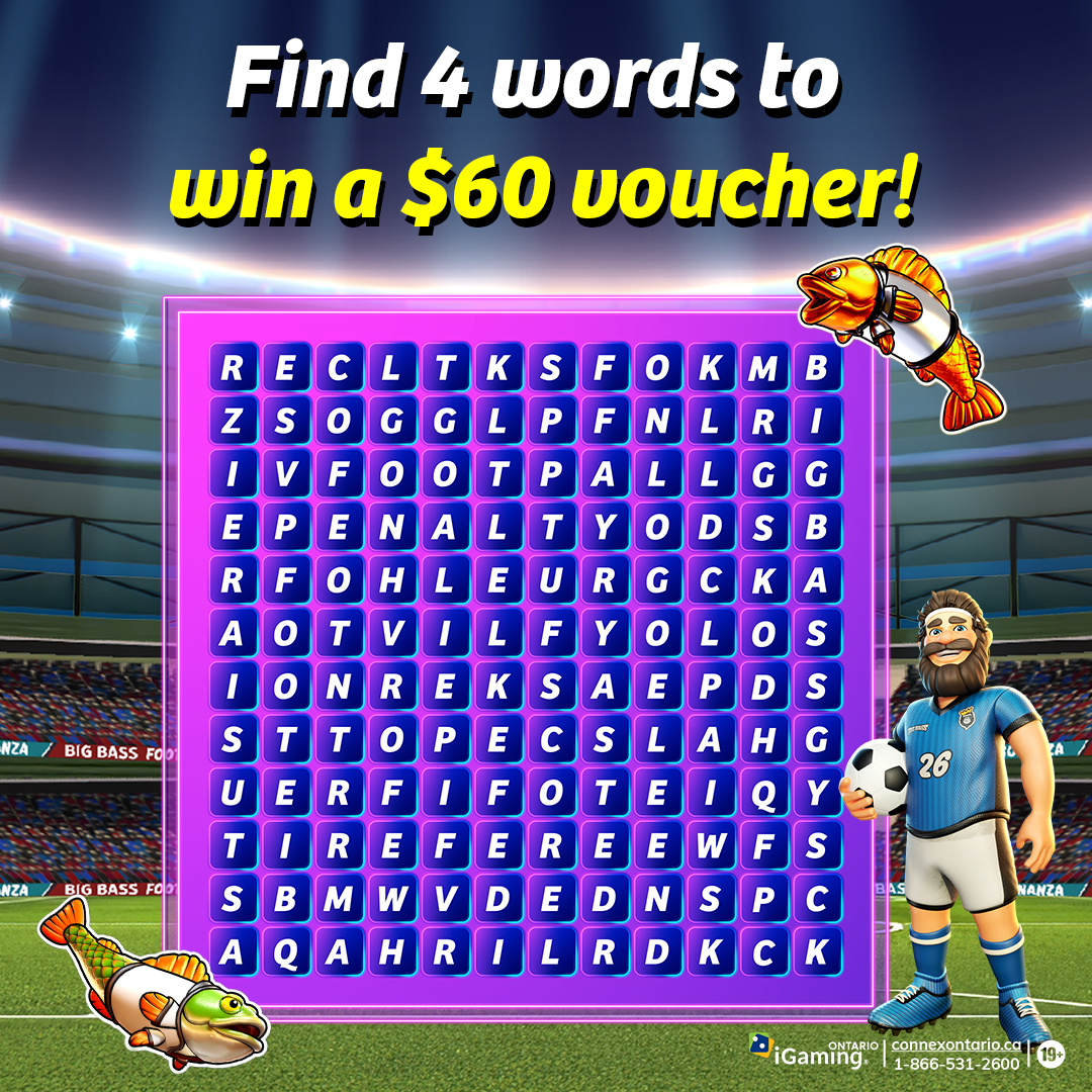 PlayOJOCanada's tweet photo. 🔍 Spot four words to score a $𝟔𝟎 𝐀𝐦𝐚𝐳𝐨𝐧 𝐯𝐨𝐮𝐜𝐡𝐞𝐫! ⁣
⁣
Let us know what you find for the chance to win.⁣

___________   ⁣
Big Bass Football Bonanza by Pragmatic ⁣
Three randomly selected winners will be announced on 21st July to win a $60 Amazon voucher each. Vouchers are not exchangeable.⁣⁣⁣