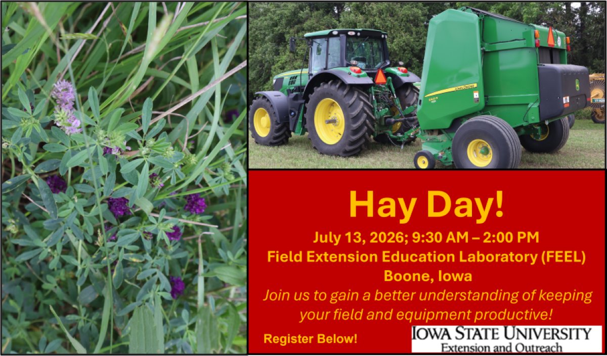 ISUCropNews's tweet photo. ISU Hay Day 2026 is one week away!

✅ Alfalfa stand evaluation &amp; pest scouting
✅ UAV field health monitoring - live demo
✅ Baler maintenance tips to avoid costly downtime

Open to the public at no cost | Lunch provided | Walk-ins welcome
Register - https://t.co/ggptY3zzku https://t.co/4PI9k3SZoA