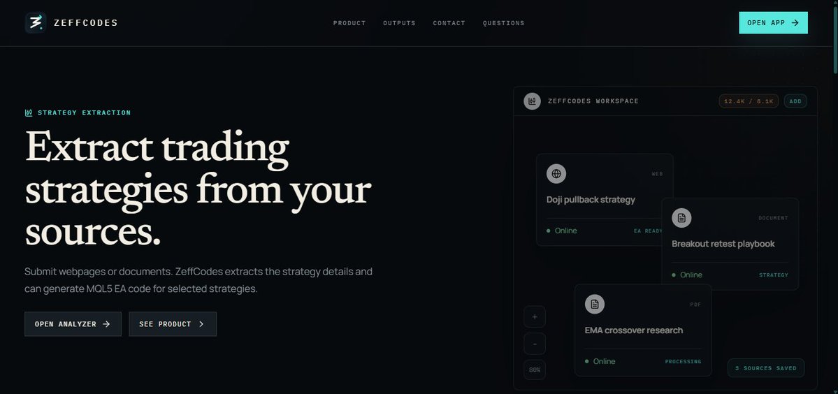 zeff_codes's tweet photo. Zeff is now live 🚀

It helps traders turn trading materials like articles, PDFs and blogs into clear trading rules and metatrader 5-ready code.

Upload strategy material → extract logic → generate MQL5 EA/indicator code.

Try it here: https://t.co/BZYvLhcWCf

Feedback welcome. https://t.co/bGxwGqPy5s
