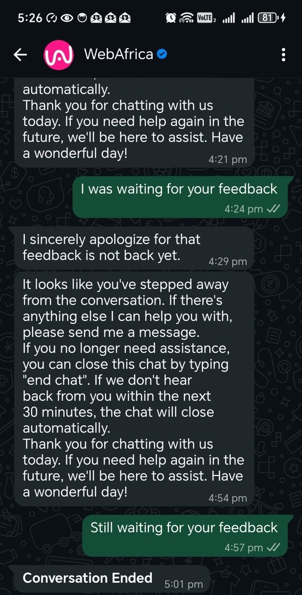 lingfordm's tweet photo. @webafrica I am still nowhere near getting assistance from your support, let alone resolving the actual technical issues. Judging from the number of poor service complaints, I lost confidence. I have been on a WhatsApp chat since 13h00 sent from pillar to post. https://t.co/PebtXGMxqO