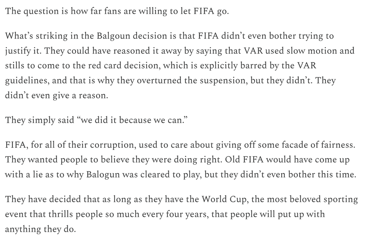 RyanRosenblatt's tweet photo. Corruption, rigging for the host country, betting that the power of the World Cup is so strong everyone will get over it.

The Folarin Balogun situation is pure FIFA. (link in thread) https://t.co/U6yzRQI58F
