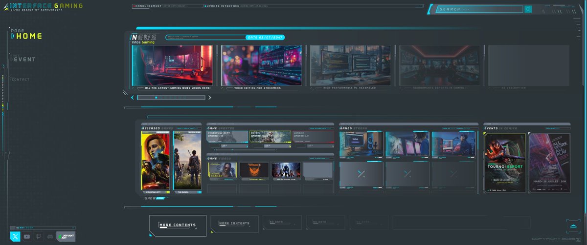 XUNICONCEPT's tweet photo. Conception d'un nouveau projet
Interface Gaming UI/UX 

Design 2D en Beta, projet à venir en animation.

#design #UXDesign #UIDesign #gfx #graphiste #gaming #esports #twitch #cyberpunk #scifi #deviantart https://t.co/WZUYgOd16S