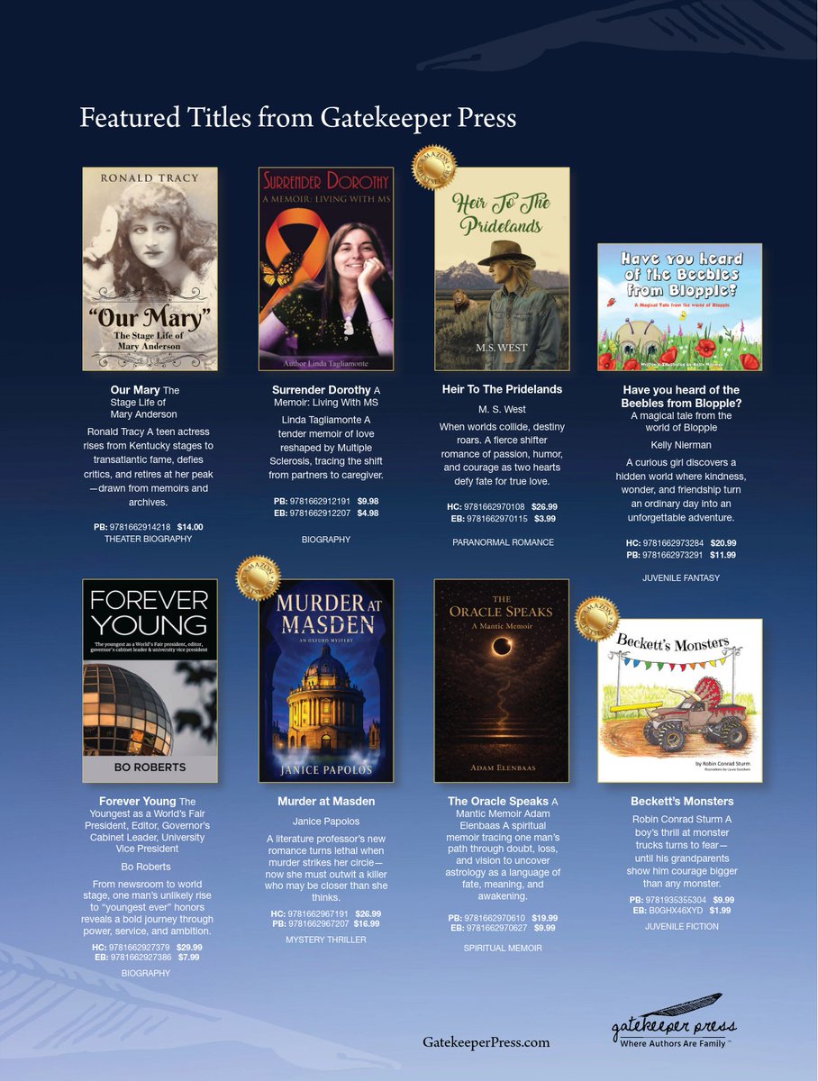 PressGatekeeper's tweet photo. Congratulations to our featured Gatekeeper Press authors on the release of these outstanding new titles. 📚

Thank you for trusting us to be part of your publishing journey.

Where Authors Are Family. 💙

#GatekeeperPress #IndieAuthors #NewBookRelease #SelfPublishing https://t.co/ltmNxp2mu8