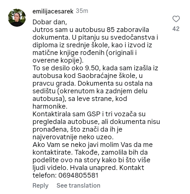 theonlyone_mile's tweet photo. devojka se zove emilija češarek izgubila je dokumentaciju ako može pomoć hvala https://t.co/w2gyUIUYRQ