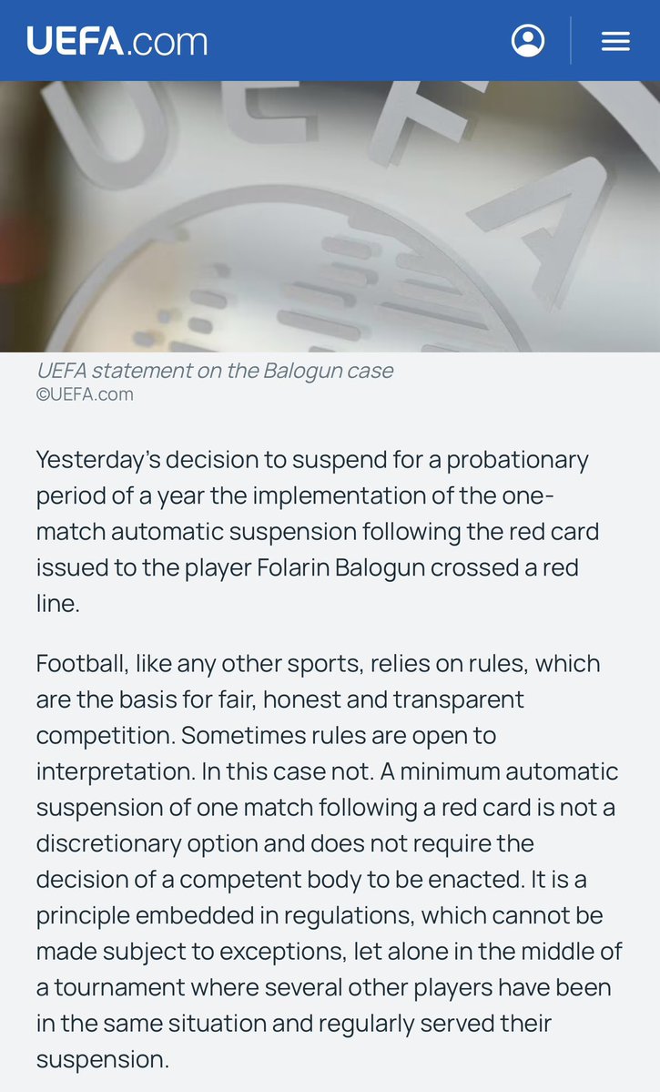 LuisOmarTapia's tweet photo. #Fútbol2Day - 🏆 

UEFA emitió un comunicado sobre la decisión de la FIFA de anular la sanción de tarjeta roja a Folarin Balogun debido a la intervención del presidente de 🇺🇸, Donald Trump:

“La decisión de ayer cruzó la línea roja. El fútbol, al igual que todos los demás deportes, se basa en reglas que forman la base de una competencia justa, honesta y transparente.

A veces las reglas están abiertas a interpretación. Sin embargo, en este caso no es así. La sanción automática de al menos un partido de suspensión que sigue a una tarjeta roja no es una opción discrecional y no requiere la decisión de una autoridad competente para su aplicación.

El fútbol es el deporte más querido del mundo. Genera confianza porque se juega con las mismas reglas en todas partes del mundo. Ningún torneo es completamente independiente, y si el torneo en cuestión es la Copa del Mundo, tiene el poder de generar consecuencias positivas o negativas sobre el juego en su conjunto.

Expresamos nuestra consternación ante esta decisión sin precedentes, inconcebible y que de ninguna manera puede justificarse.”