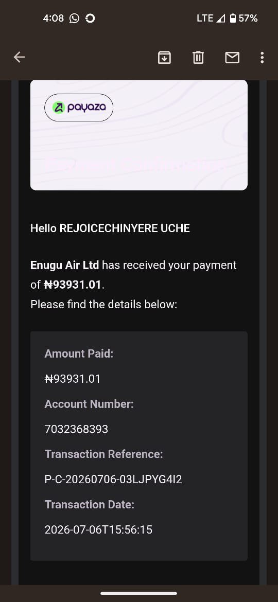 OzigiX's tweet photo. @EnuguAirlines @EnuguAirlines 
Please few minutes ago I booked a flight for 20th and I made payment using Payaza payment option and up till now I haven’t gotten my ticket yet. Please rectify this immediately 
Transaction Ref: PC-20260706-03LJPYG4I2
Merchant ID: 80697007072629AAM2HX https://t.co/ZV0nL8fc3U