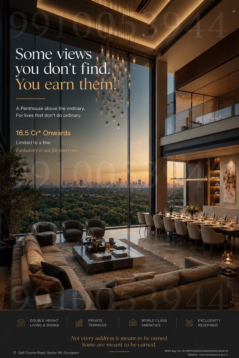 aandlay's tweet photo. Some views aren’t bought. They’re earned.

There is a fundamental difference between luxury and exclusivity.

Luxury can be replicated. Exclusivity cannot.

A true penthouse isn’t defined by its size alone. It’s defined by volume, privacy, uninterrupted views, and the rarity of its address. A double-height living and dining space overlooking acres of greenery creates an experience that very few developments can offer, and even fewer people can own.

For those who appreciate scale, architecture, and legacy over mere square footage, this represents a different category of ownership.

Limited collection of Double-Height Penthouses
• Panoramic Green Views
• Private Terraces
• Expansive Living & Dining Volumes
• Curated Amenities

Priced from ₹16.5 Cr onwards.