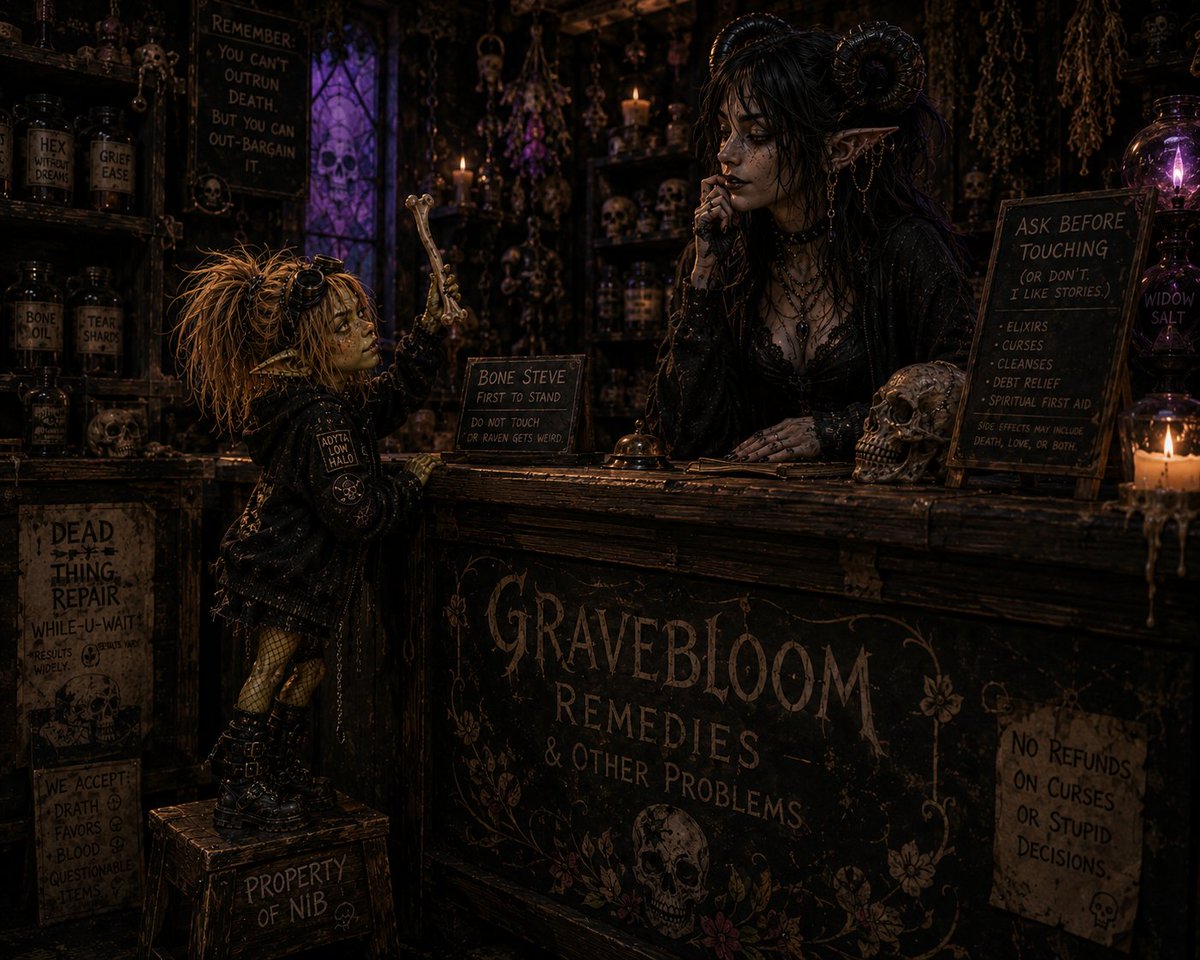 Goblinnib's tweet photo. New story teaser: Bone Steve Was Not Stolen

Raven has an occult shop, a velvet display shelf, and one bone she insists is “not sentimental.”

I have hands and no respect for warning labels.

Bone Steve had a quiet life before this. Probably.
full story on https://t.co/n2baIGlH89 https://t.co/sYlEMoRGDX