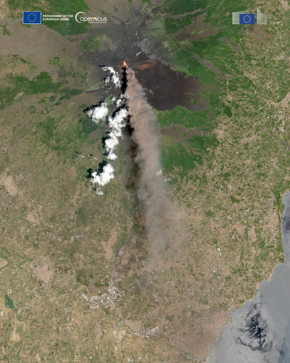 CopernicusEU's tweet photo. 🌋 Mount Etna's latest eruption continues in Sicily 🇮🇹

🛰️ This #CopernicusEU Sentinel-2 image from 5 July captures a large volcanic ash plume that led to the closure of Catania Airport, supporting tracking, hazard assessment &amp; situational awareness.

🔗 https://t.co/atn5px5iZg https://t.co/5xjmYQ1t26