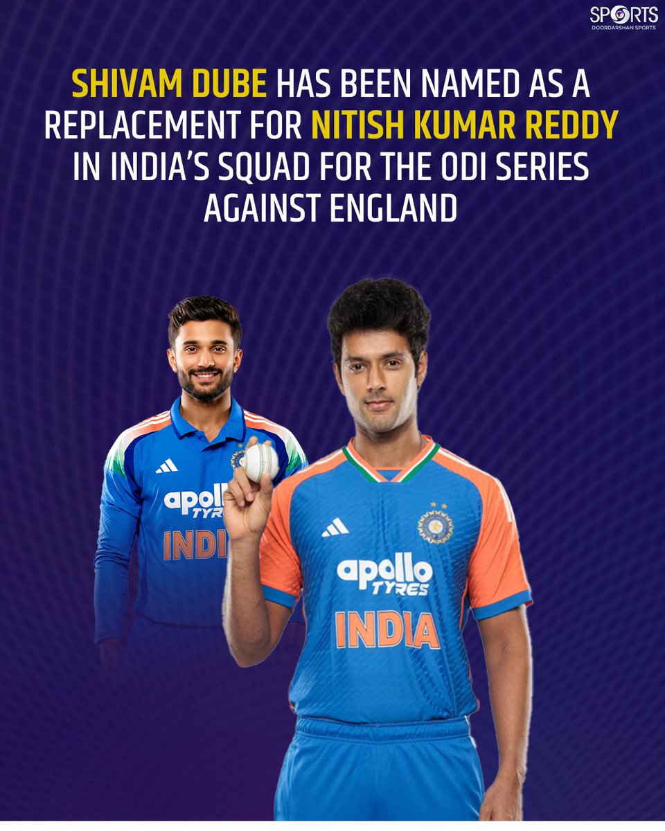 ddsportschannel's tweet photo. Shivam Dube comes in as Nitish Kumar Reddy's replacement for the ODI series against England.

#ENGvIND

@BCCI @IamShivamDube https://t.co/vhQDQs5wla