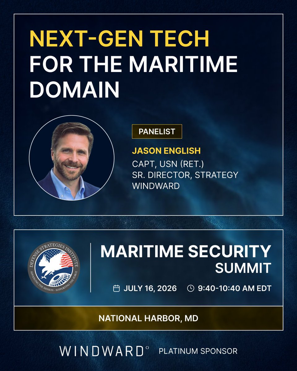 WindwardAI's tweet photo. Effective maritime domain awareness requires shifting from passive tracking to predictive intelligence.

On July 16 at @DSI_Group's Maritime Security Summit, Windward’s Jason English, CISSP joins defense leaders to discuss accelerating next-gen tech to enhance data sharing and operational effectiveness across the maritime domain. He will share how fusing satellite imagery, RF, and behavioral AI delivers mission-ready intelligence and true maritime clarity.

Save the date: Day 2 | 9:40 AM

Event details here: https://t.co/QfQIUCc6cY