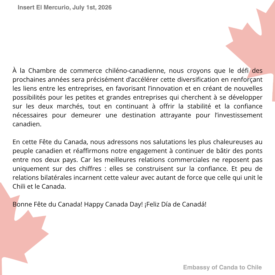 AmbCanChili's tweet photo. 🇨🇦🇨🇱 Nous partageons la chronique d’Arturo Le Blanc publiée dans le supplément spécial de El Mercurio pour la #FêteDuCanada. Le président de la Chambre de commerce chiléno-canadienne y souligne la force des liens entre le Canada et le Chili. 🤝 https://t.co/YoroDG6f0W