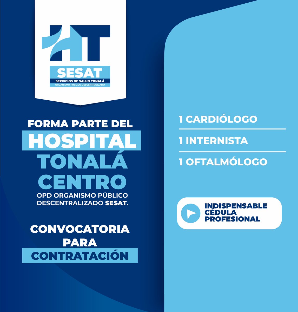 HospitalTNL's tweet photo. ¡Únete a nuestro equipo! 🏥

El Hospital Tonalá Centro abre convocatoria para la contratación de especialistas. Juntas y juntos seguimos construyendo una mejor atención médica para las familias tonaltecas. https://t.co/tD0eIjOyxc