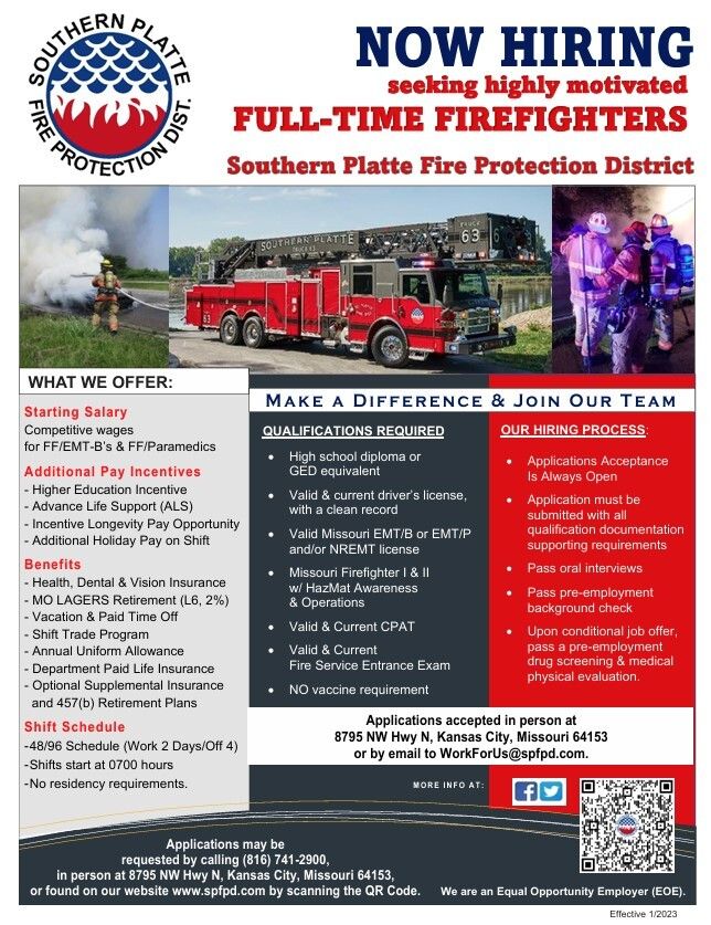 SPFPD's tweet photo. The Southern Platte Fire Protection District is seeking eligible candidates to fill one opening. To be considered for this position a completed application must be submitted by July 17th, 2026 at 5:00 pm. See the attached flyer for additional information. https://t.co/uVQK9Ugp6d